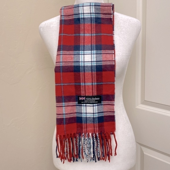 100% Cashmere Classic Red/Blue Plaid Winter Scarf Women’s Made in Scotland 72’ - Picture 4 of 6